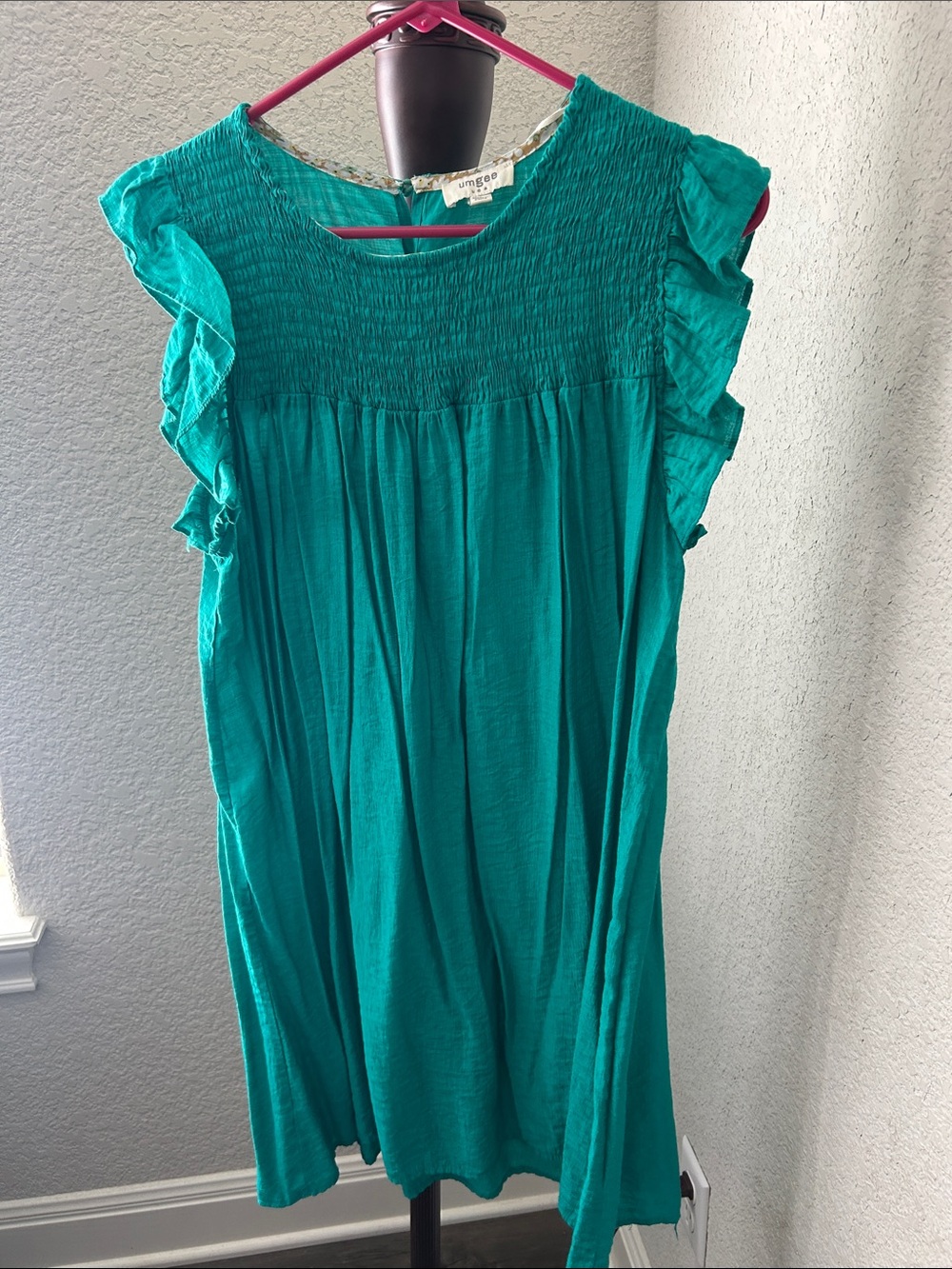 Umgee Teal Smocked Yoke Dress with Floral Trim